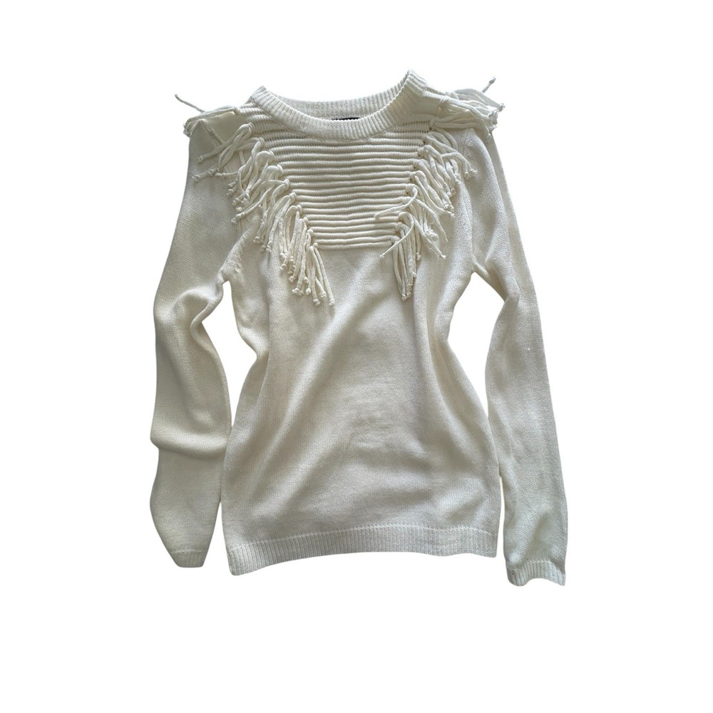Cream Fringe Knit Sweater Women's Large Boho Western‎ Pullover Top Long Layering